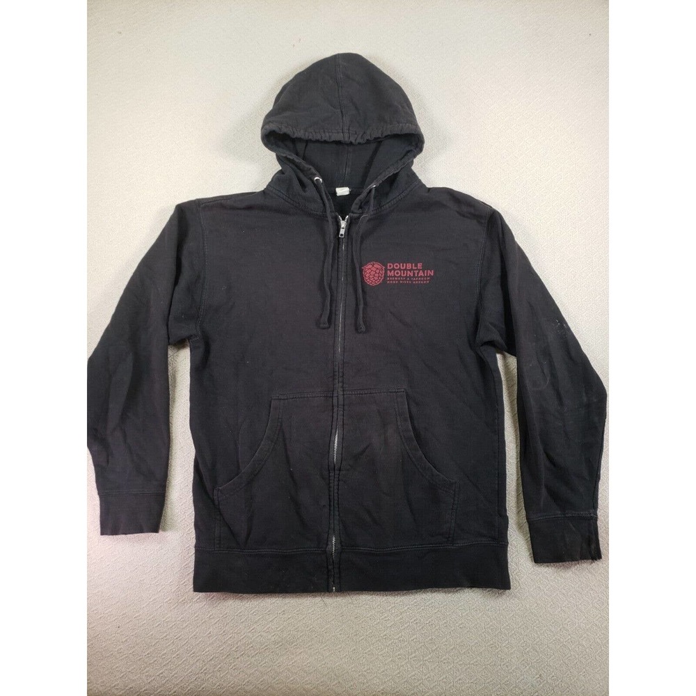 Double Mountain Hoodie Mens Medium Black Graphic Full‎ Zip Drawstring Pockets
